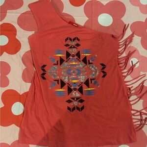 BONGO Coral One-Shoulder Tee with Fringe and Geometric Design